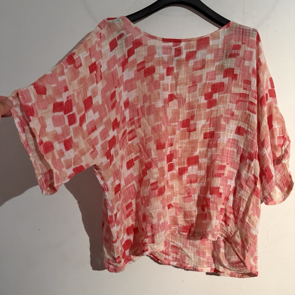 Charlie B Henley Top Womens Large Lagenlook Cotton Gauze Boho Geometric